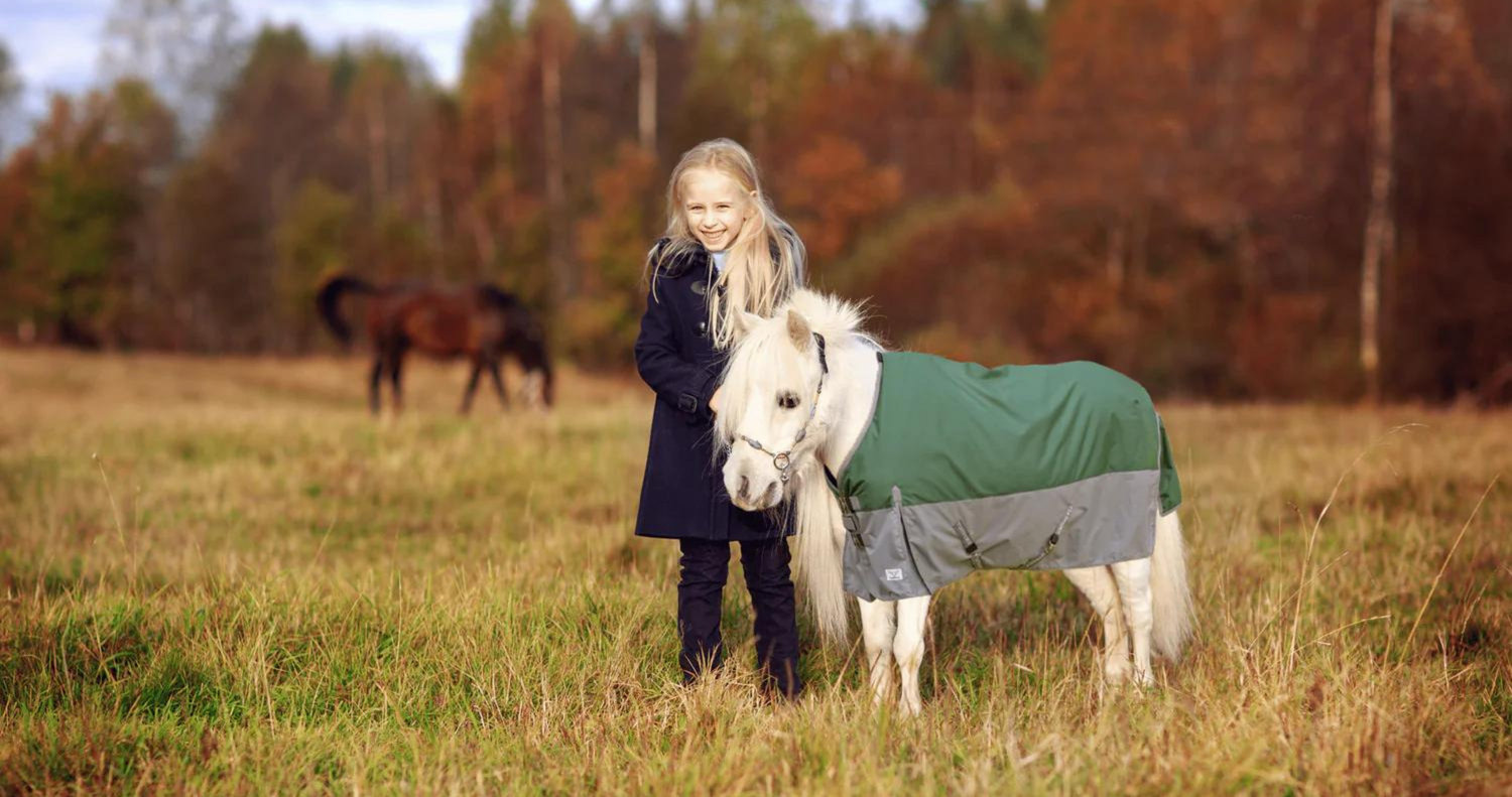 horse sheets, horse blankets, little girl stands in field next to gray mini horse wearing a horse blanket