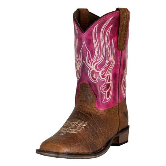 TuffRider Youth Arches Flame Embroidered Pink Shaft Square Toe Western Boots