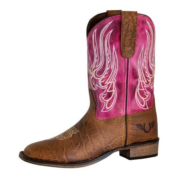 TuffRider Youth Arches Flame Embroidered Pink Shaft Square Toe Western Boots