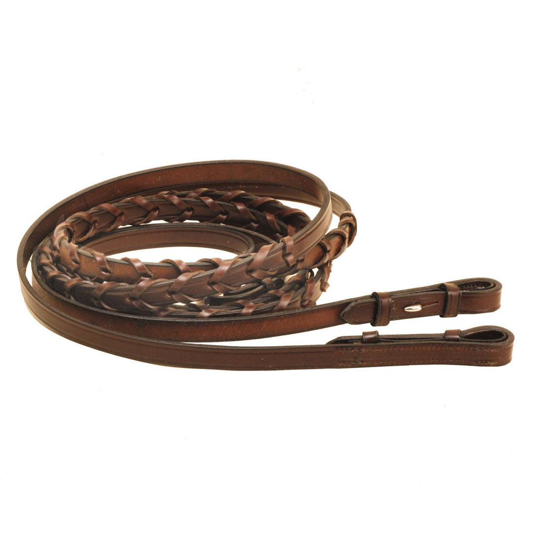 Tory Leather 5/8 Wide Laced Reins With Stud Hook Bit Ends And Stainless Steel Center Buckles- 48&quot;, Black