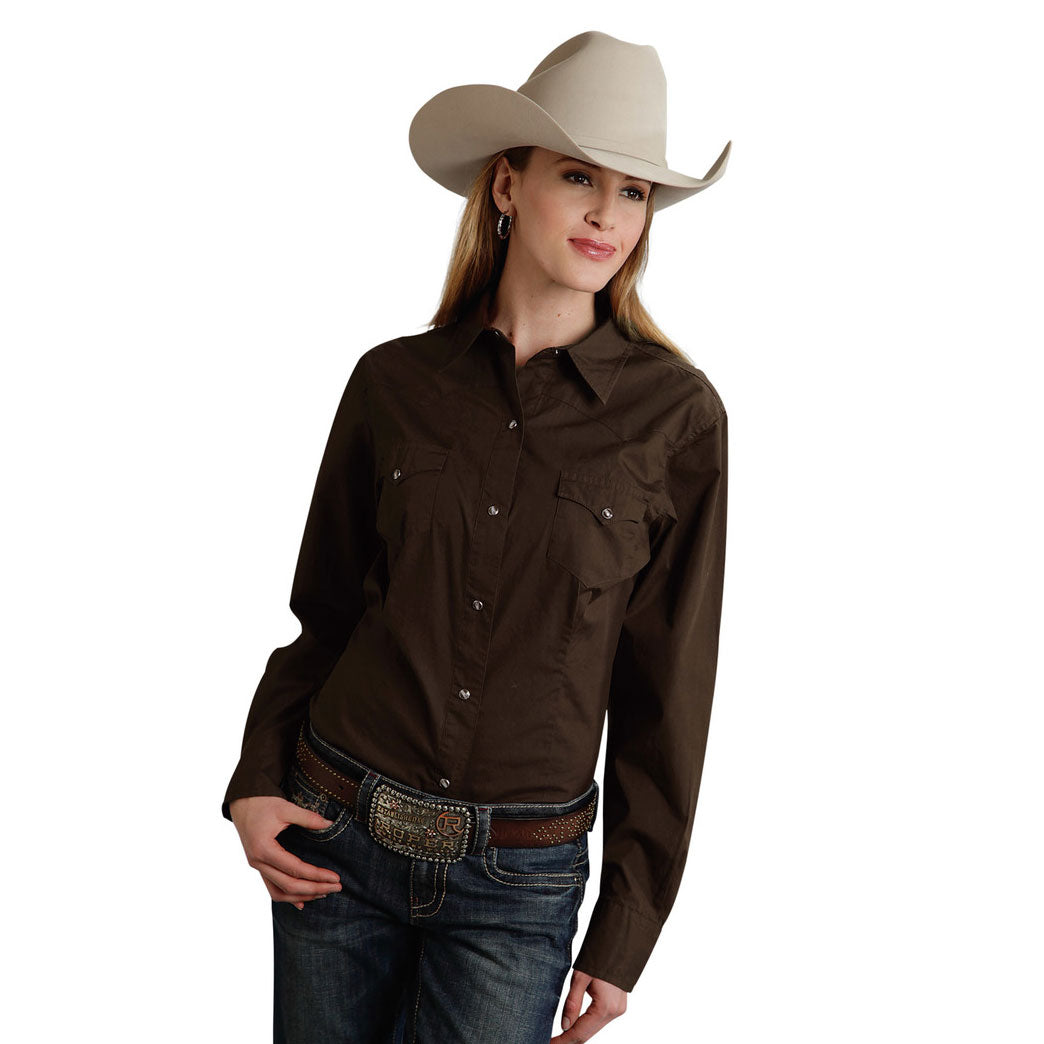 Roper Womens Brown Solid Long Sleeve Western Snap Shirt