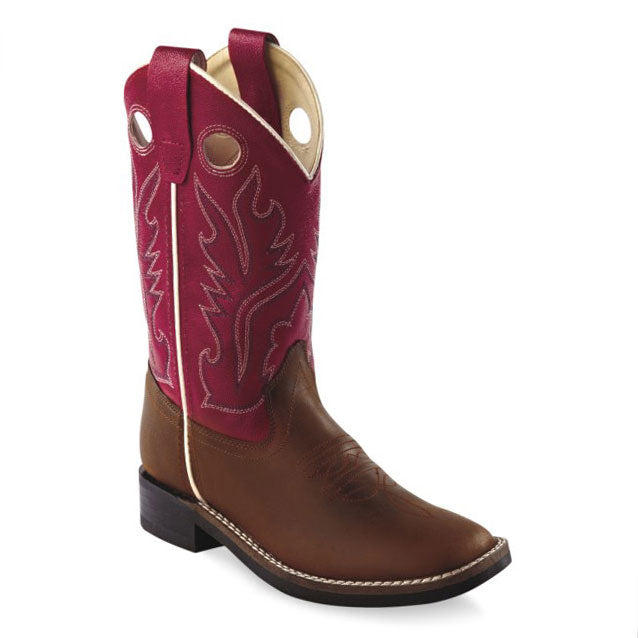 Old West Youth Light Distress and Red Ultra Flex Broad Square Toe Boot