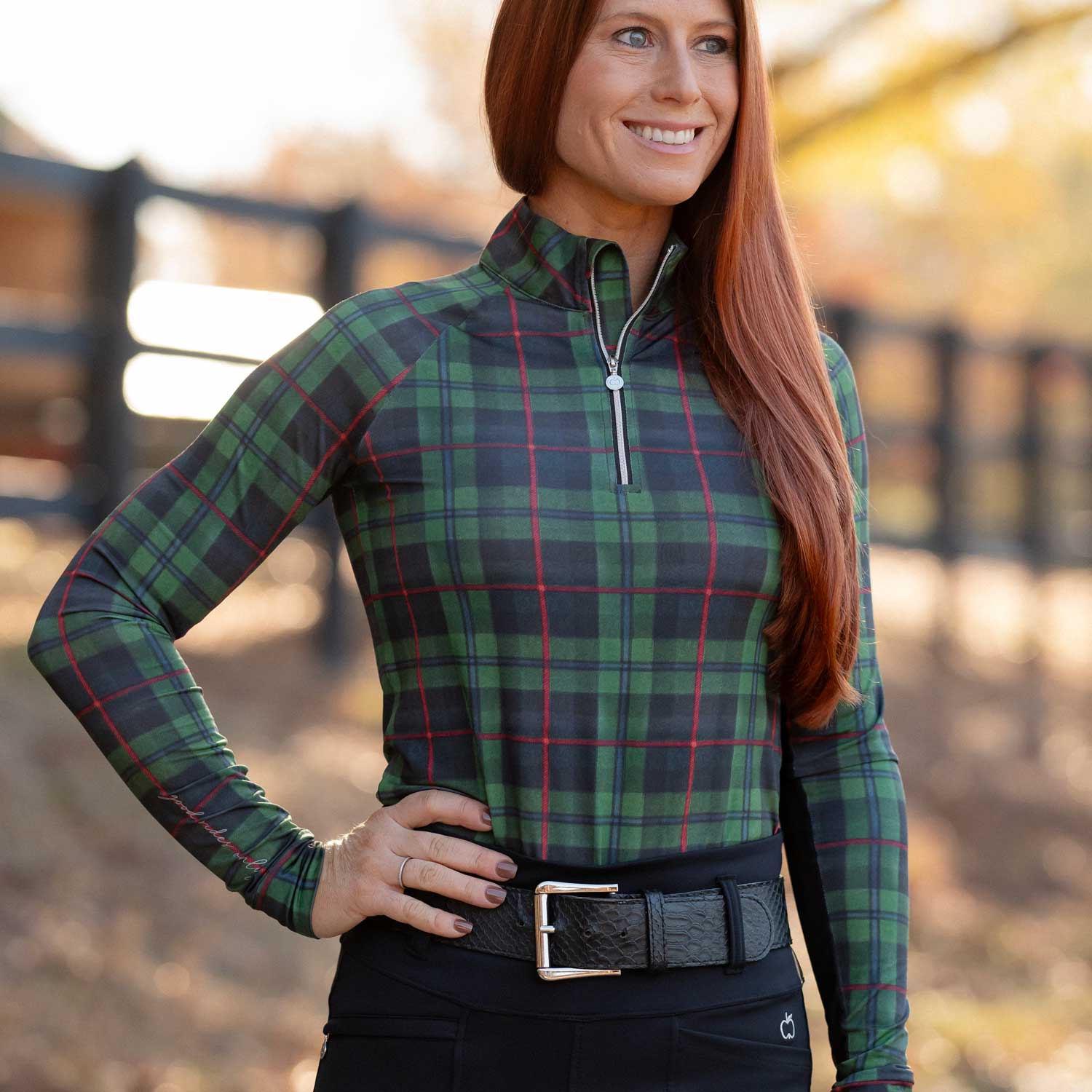 Dapplebay Holiday Plaid 1/4 Zip Light Riding Top-GREEN