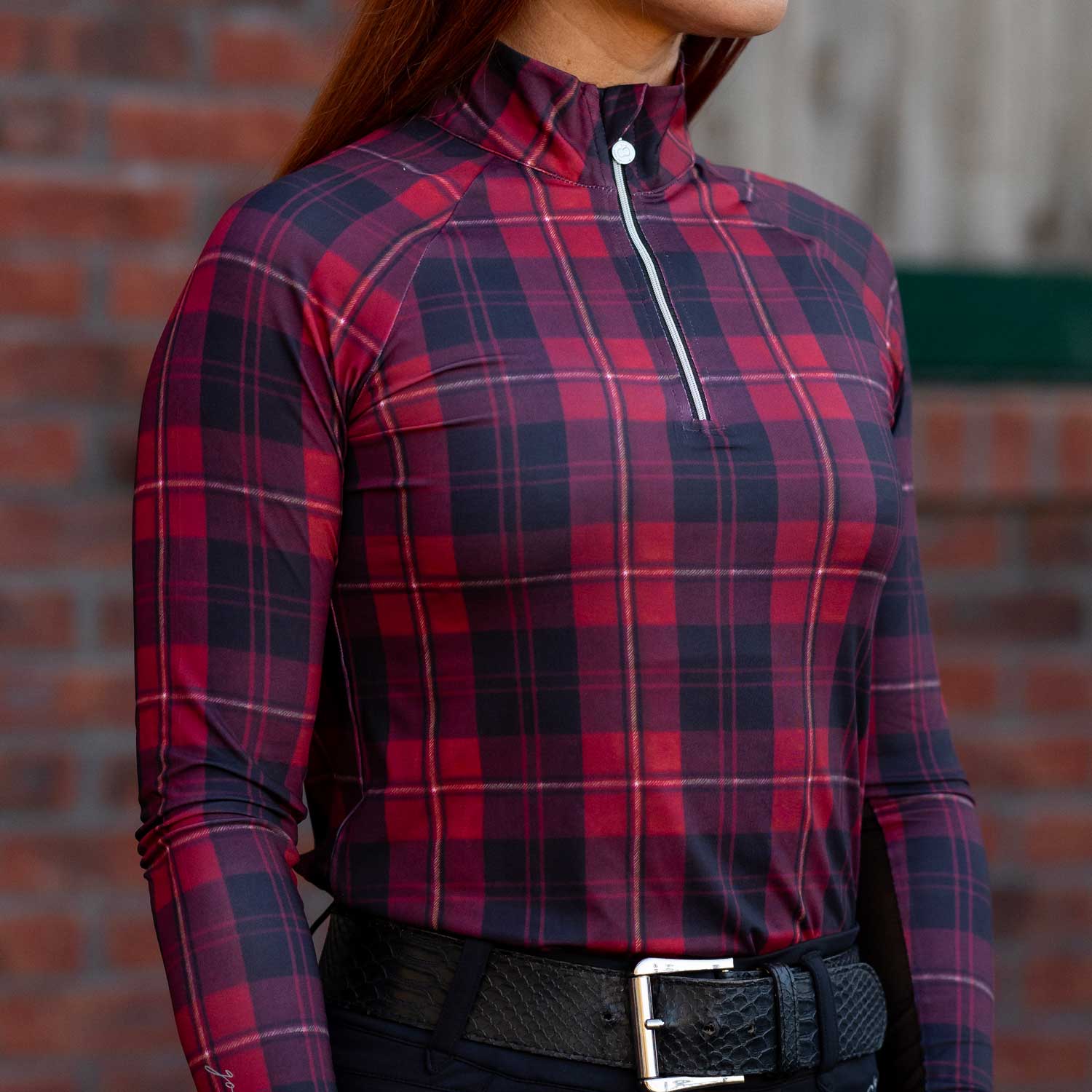 Dapplebay Holiday Plaid 1/4 Zip Light Riding Top-RED