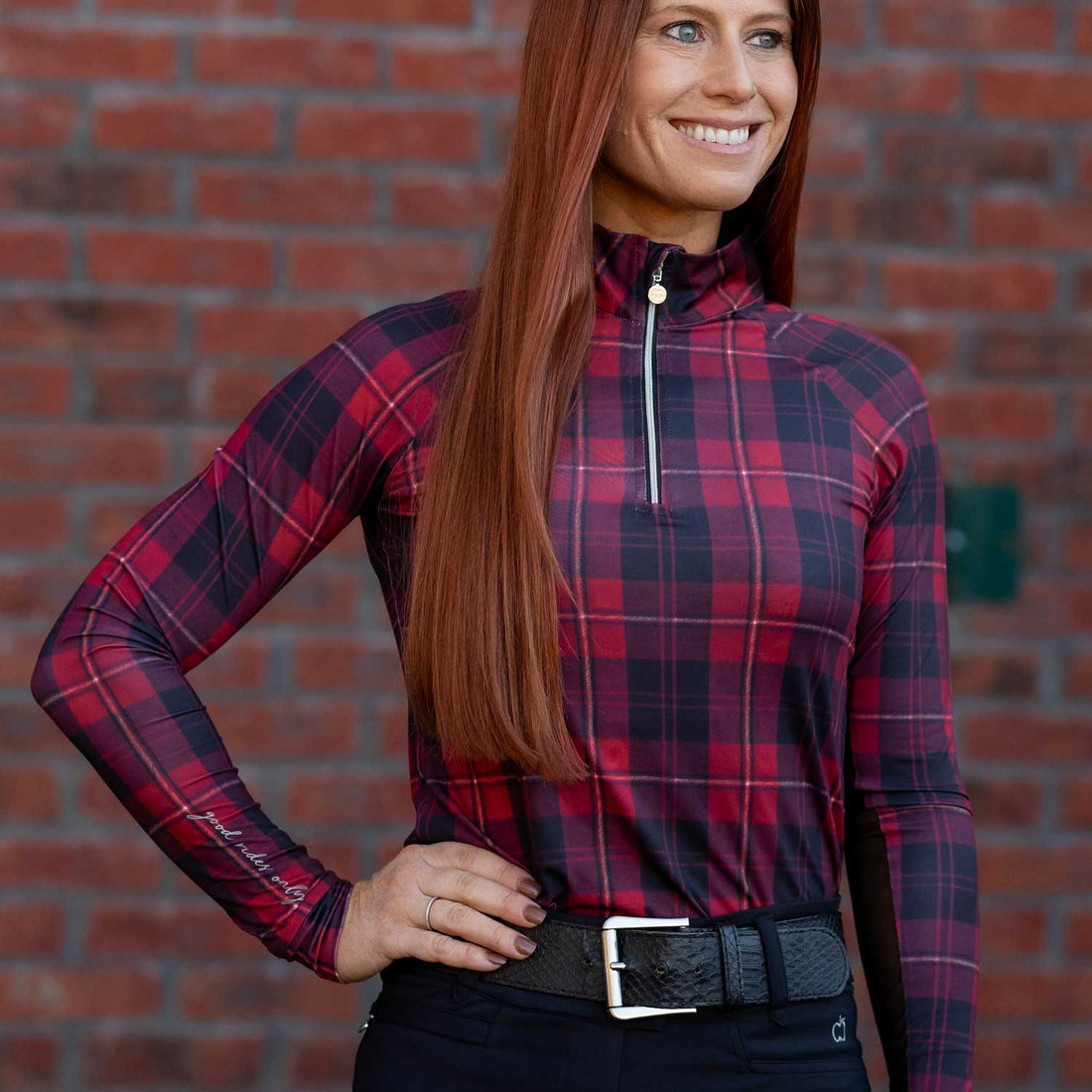 Dapplebay Holiday Plaid 1/4 Zip Light Riding Top-RED