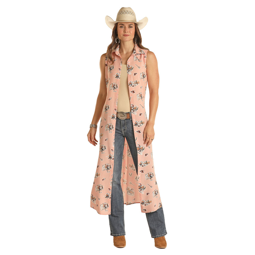 Rock &amp; Roll Denim Ladies Sleeveless Cowboy Print Duster