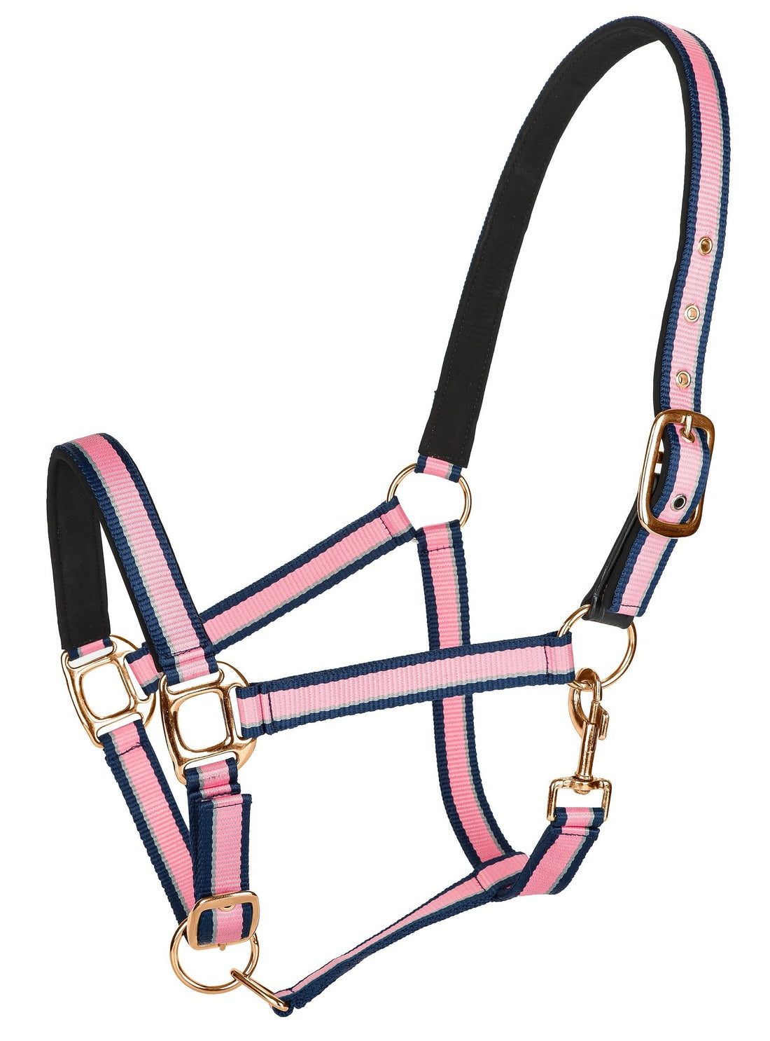 TuffRider Adjustable Nylon Breakaway Halter w/ Padded Crown and Rose Gold Hardware- Hot Pink/Navy/Gray - Breeches.com