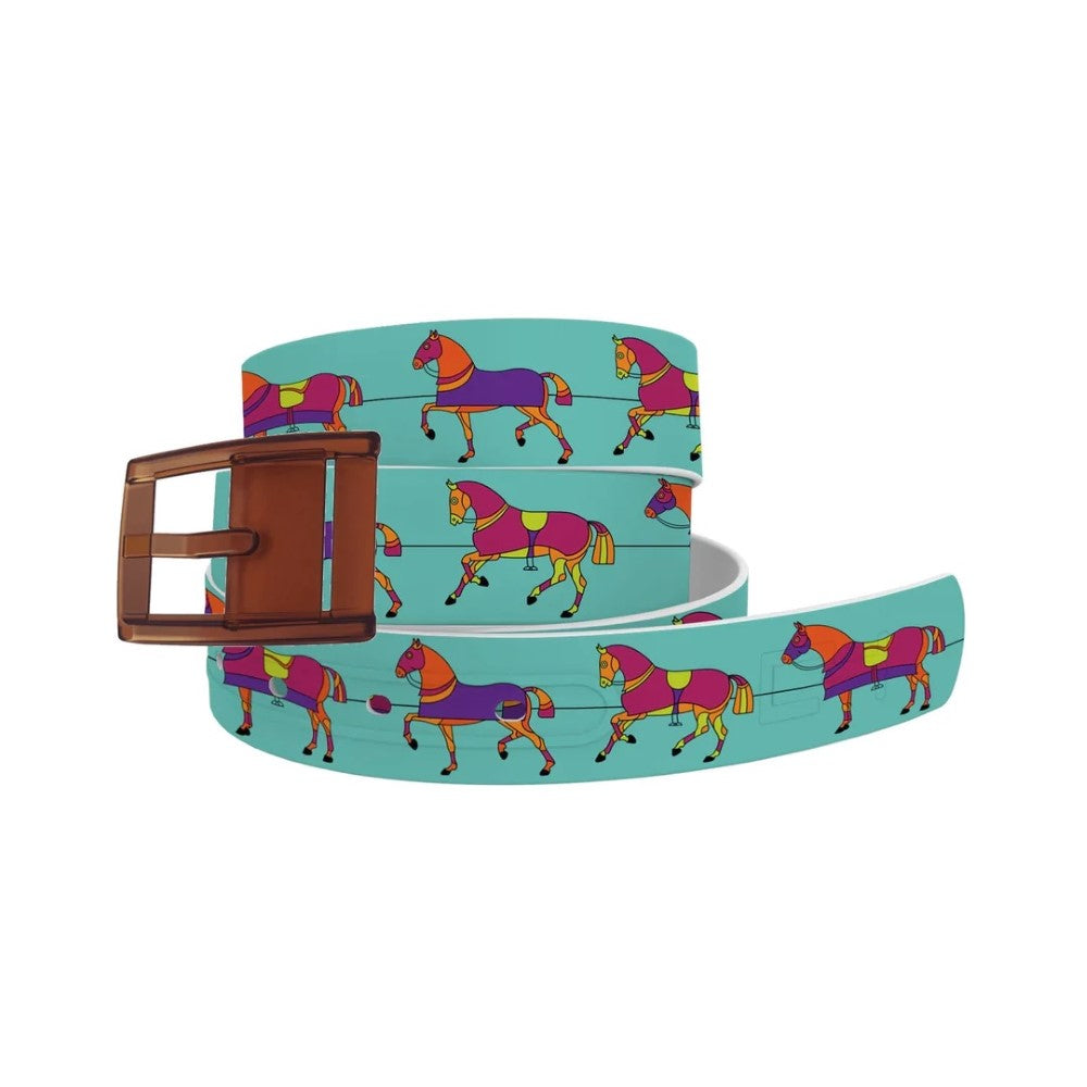 C4 Horse on the L O O S E  Belt- Blanket- Teal w/ Brown Buckle - Breeches.com