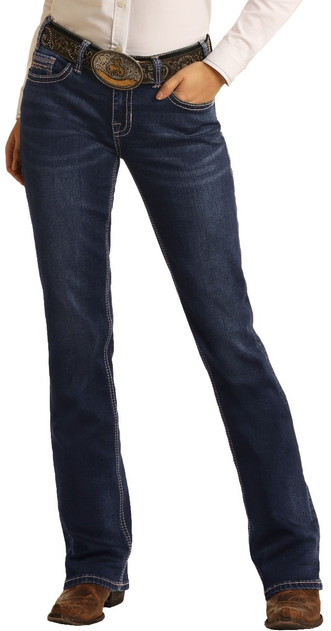 Rock &amp; Roll Denim Ladies Mid Rise Extra Stretch Bootcut Riding Jeans- Dark Wash