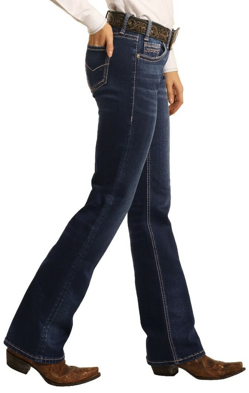 Rock &amp; Roll Denim Ladies Mid Rise Extra Stretch Bootcut Riding Jeans- Dark Wash