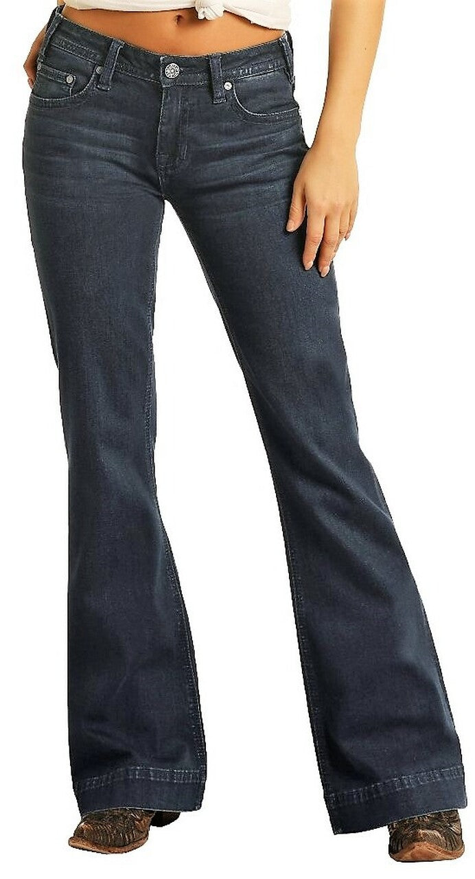 Rock &amp; Roll Denim Ladies Mid Rise Extra Stretch Bootcut Riding Jeans- Dark Wash