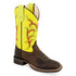 Old West Youth Brown and Florescent Green Broad Square Round Toe Boot