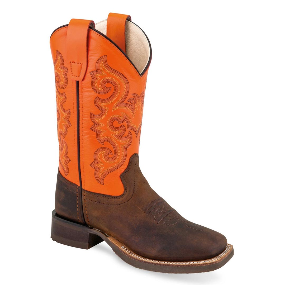 Old West Youth Brown and Neon Orange Broad Square Round Toe Boot