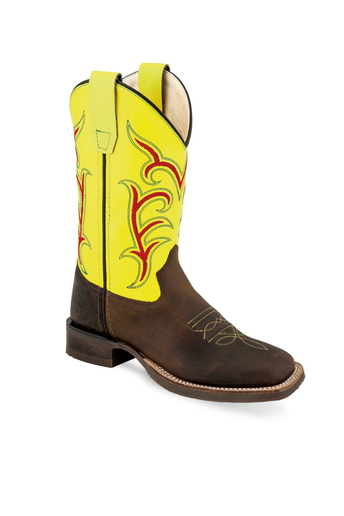 Old West Youth Brown and Florescent Green Broad Square Round Toe Boot